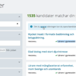 A screenshot of the new arbetsförmedlingen website with a list of candidates to the right and a search bar to the left