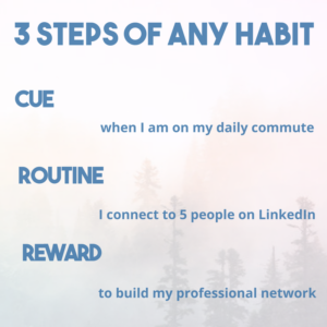 picture of a forest with the text 3 steps of any habit: cue (when I am on my daily commute), routine (I connect to 5 people on LinkedIn), reward (to build my professional network)