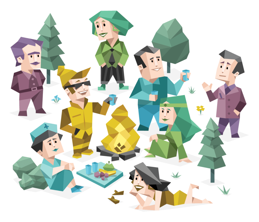 8 different cartoon people in a forest having a nice time around a campfire.