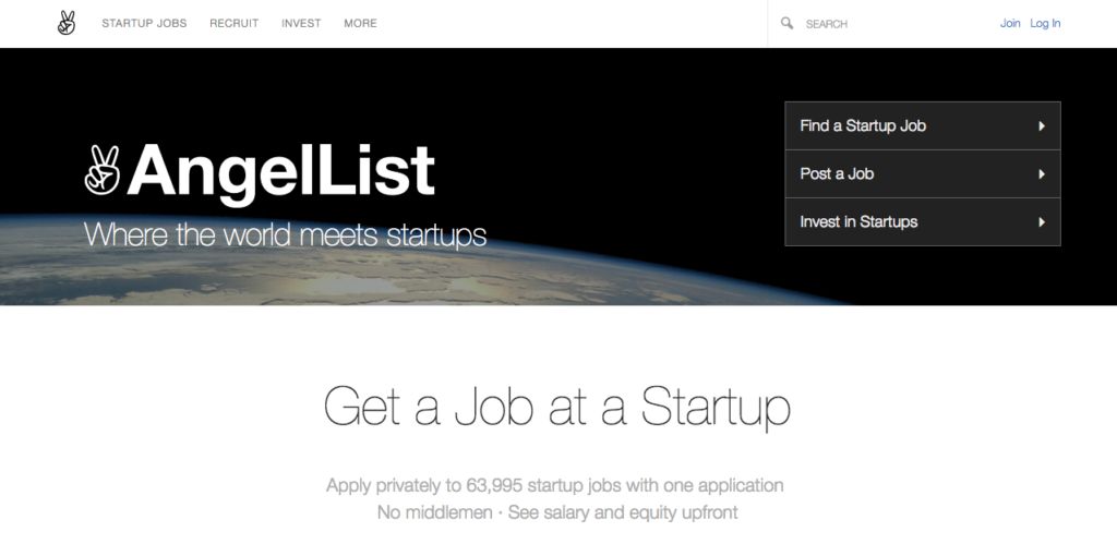 Home page of Angellist with a picture of the earth and then tagline: "where the world meets startups"