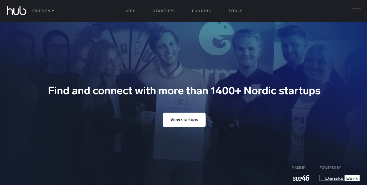 The home page of thehub.se, a picture of happy people with the text "find and connect with more than 1400+ nordic startups"