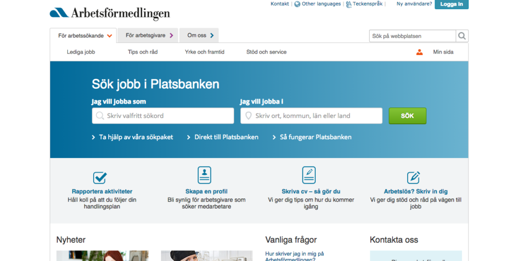 home screen of Platsbanken. Logo in the left upper corner, two search fields: one for occupation and one for location