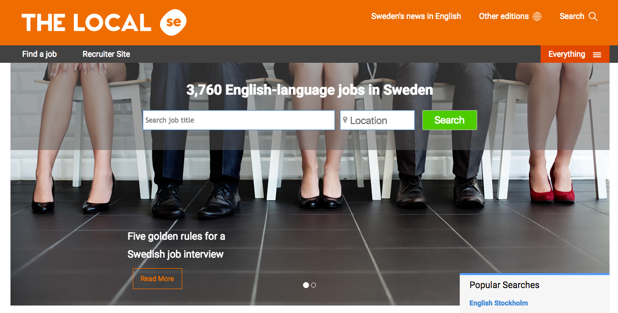 The home page of thelocal.se's job board. A picture with four people sitting down and then a headline "3760 English-language jobs in Sweden" with a search bar for job title and one for location.