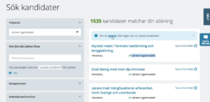 A screenshot of the new arbetsförmedlingen website with a list of candidates to the right and a search bar to the left
